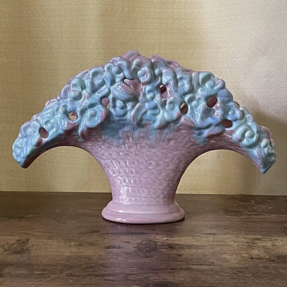 Royal Haeger Fan Vase Pink Blue Flower Basket Planter Vintage 1940s R386 USA - Picture 14 of 14